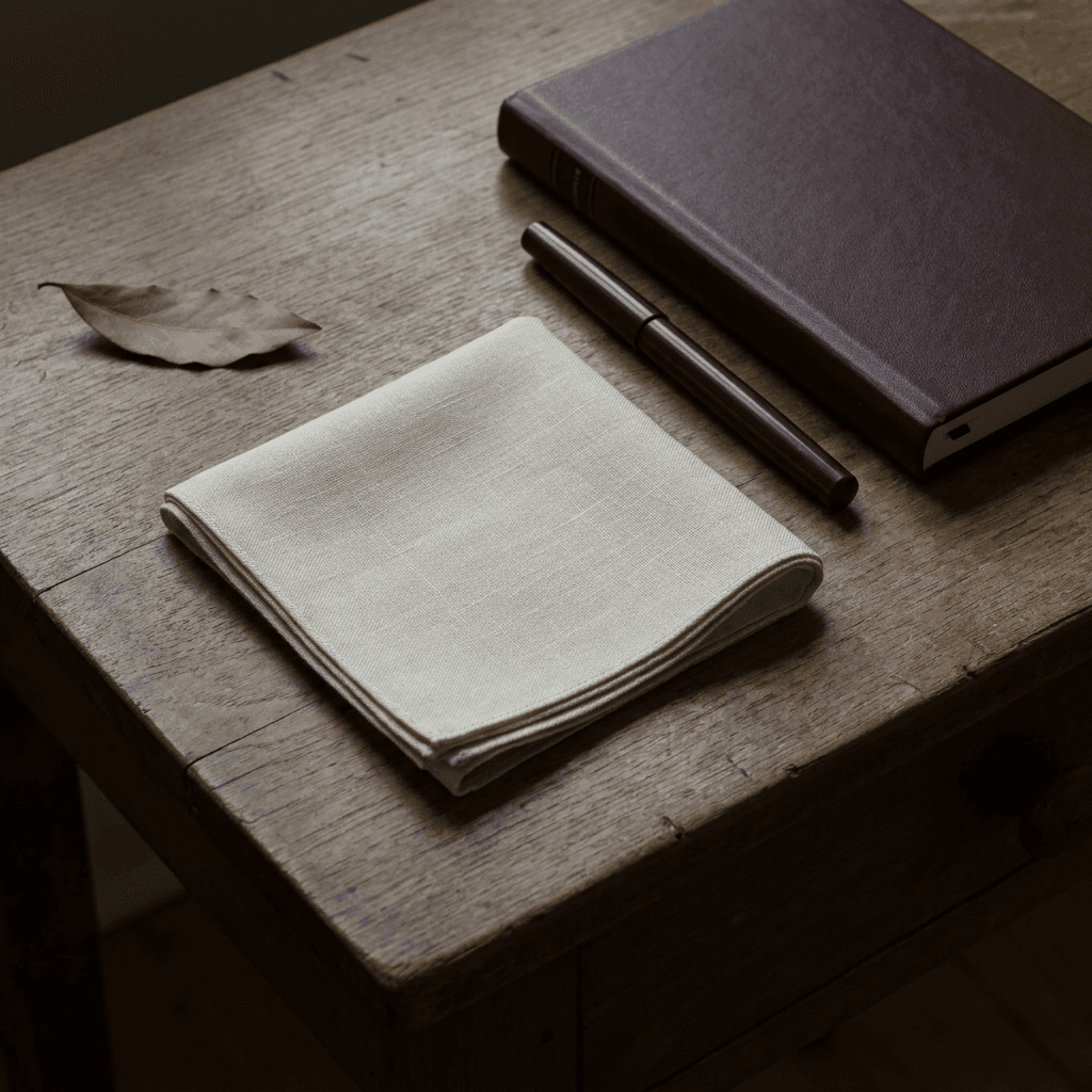 A clinical still life — folded white linen and a glass of water in soft daylight.