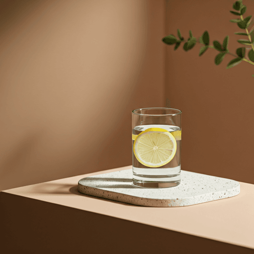 A glass of water with a fresh lemon slice on a textured stone surface — a quiet still life suggesting hydration and clinical calm.