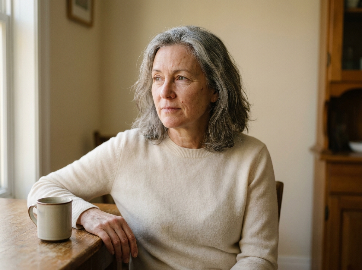 A woman in her early 50s in a quiet domestic interior, looking thoughtfully toward soft window light. Calm, real, mid-thought.