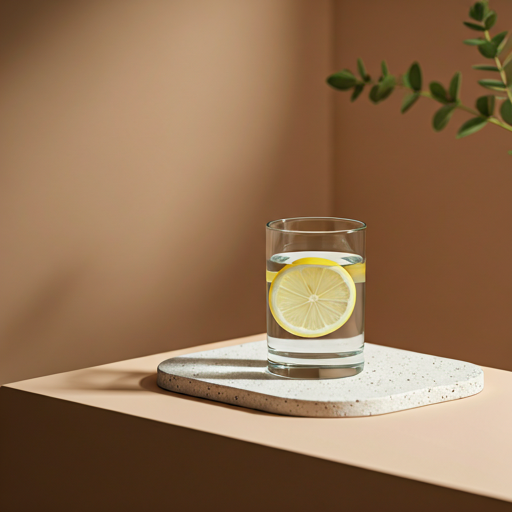 A glass of water with a fresh lemon slice on a textured stone surface — a quiet still life suggesting hydration and clinical calm.